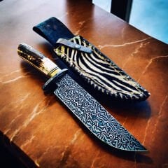 Mozaik Damascus Bowie Bıçak – Geyik Boynuzu Kabze, Pirinç Kasa