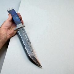 Nikelli Damascus San Mai Bowie - El İşi Kalem Gravür - Mamut Dişi Kabza